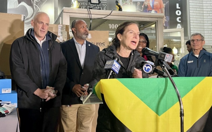 Lt. Gov. Susan Bysiewicz speaks at a press conference that was part of a Nov. 5, 2025 fundraiser in support of Jamaican relief. Photo credit: Ronni Newton