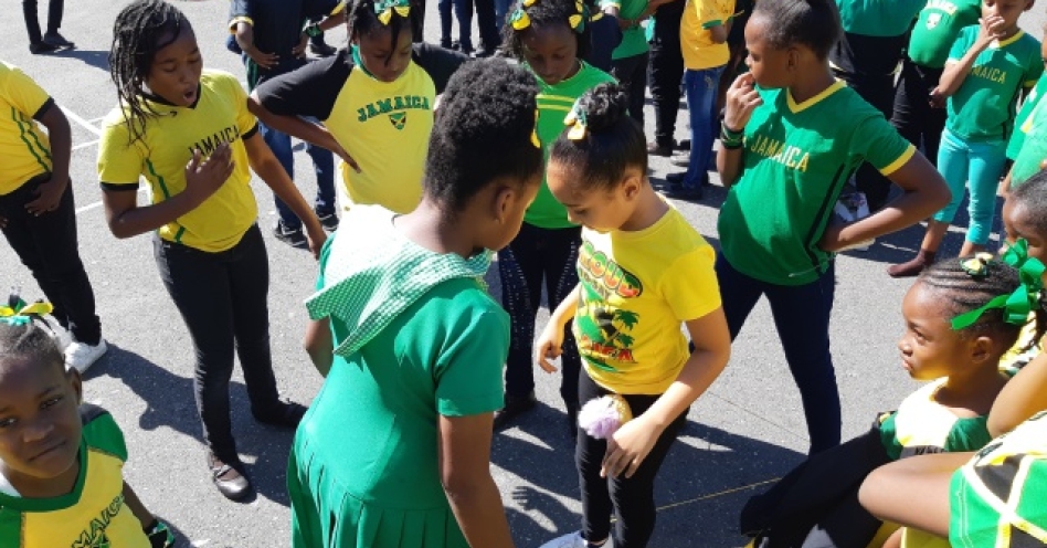 Marlie Mount Primary students playing Chinese skip on Jamaica Day celebrated February 22, 2019 (OH News Photo)