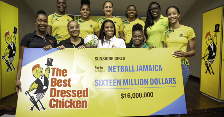 Sharing in the moment (from left) are Arielle Oliver, brand manager, The Best Dressed Chicken, Karen Baugh, director and chair of the Marketing and Sponsorship Committee at Netball Jamaica, Avadaugn Sinclair, regional marketing manager, The Best Dressed Chicken, Tricia Robinson, president, Netball Jamaica and Sunshine Girls team captain Shamera Sterling-Humphrey. They are joined by members of the Sunshine Girls (back left- right), Kimone Shaw, Adean Thomas, Brie Grierson and Abigail Sutherland and their coach Sasher-Gaye Henry-Wright following the announcement of The Best Dressed Chicken’s $16 million sponsorship to support the Sunshine Girls.