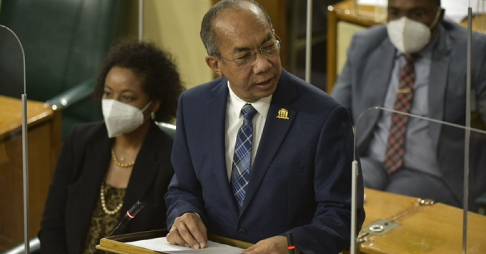 Minister of National Security, Hon. Dr. Horace Chang, speaks in the 2021/22 Sectoral Debate in the House of Representatives on May 25. At left is Attorney General, Hon. Marlene Malahoo Forte. (JIS Photo)