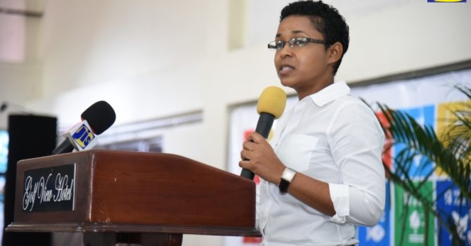 Social Protection Analyst at the Planning Institute of Jamaica (PIOJ), Camille Graham, addresses persons attending the Dialogue for Development Series public consultation on October 17 at the Golf View Hotel in Mandeville. (JIS Photo)