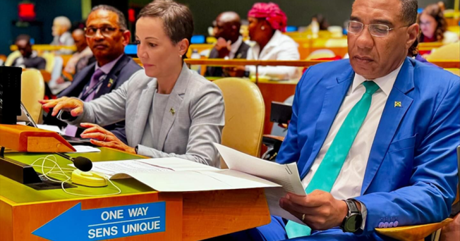 Prime Minister Andrew Holness (right) and Foreign Affairs Minister Kamina Johnson-Smith at the 79th Session of the United Nations General Assembly in New York on September 23, 2024.