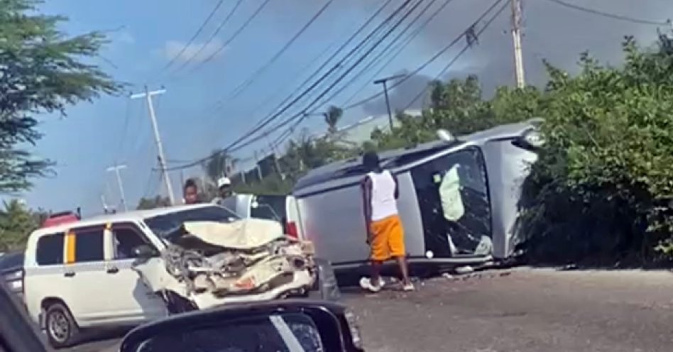 A screenshot of the accident scene involving a Toyota Probox driven by Pitterson and a Nissan AD Wagon along Old Harbour Road in the vicinity of the Ahmadiyya Mosque on March 20,2025.